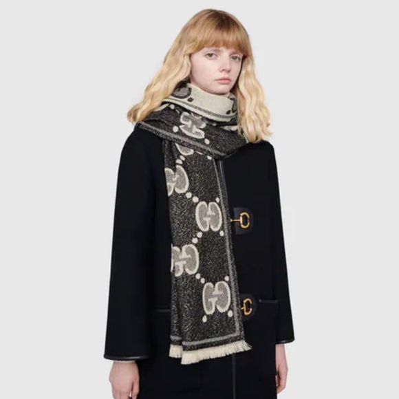 Gucci Accessories - Gucci Jumbo GG Monogram Logo Jaquard Black Scarf